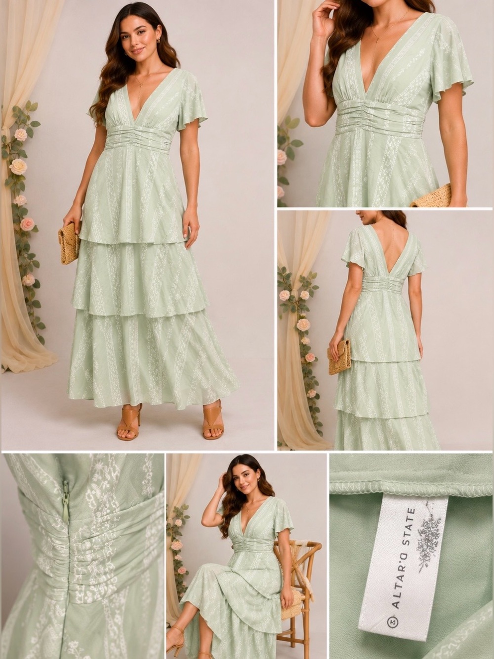 Altar’d State Sage Green Printed Tiered Maxi Dress Size S